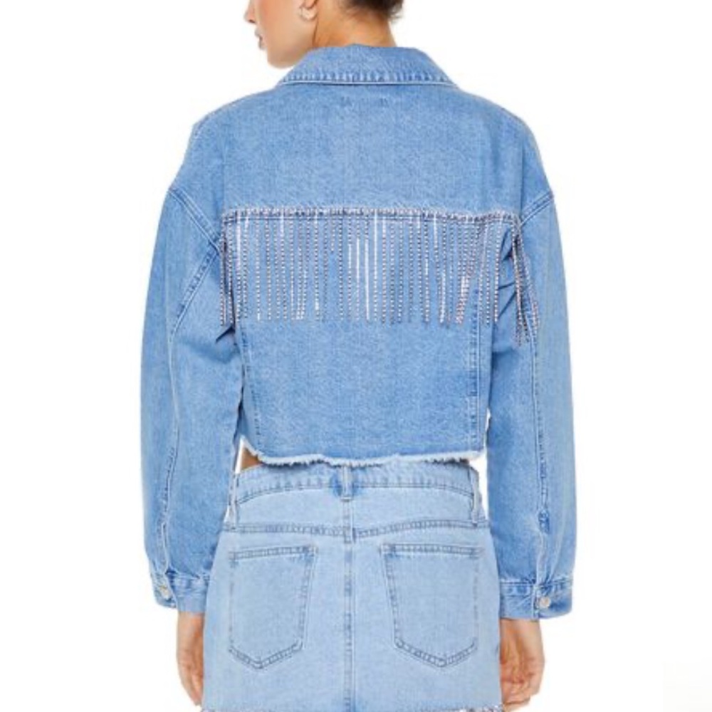 Forever 21 Rhinestone Fringe Denim Jacket - size small